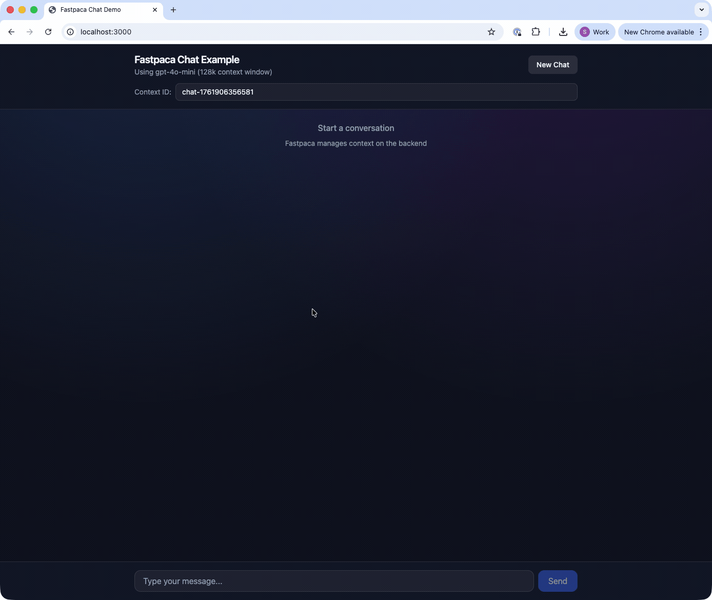 Animated demo of context-store powering a Next.js chat with deterministic compaction